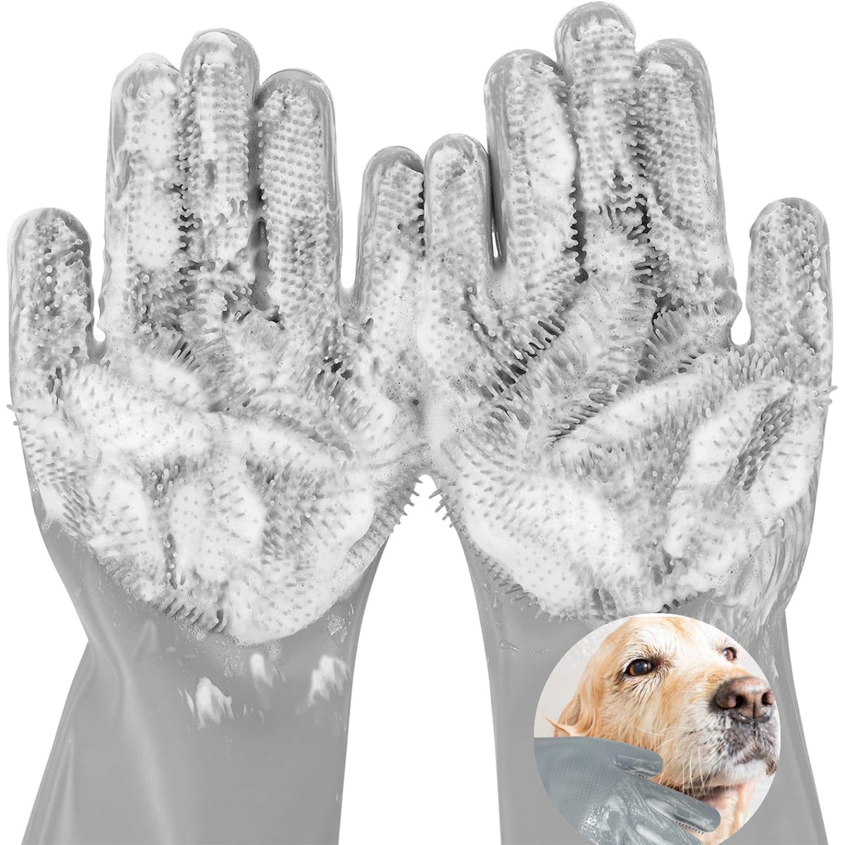 Pet Grooming Gloves, 5-Finger Silicone Dog Bath Scrubber with High-Density Teeth, Reusable Washing Massage Gloves for Dogs & Cats(Grey)