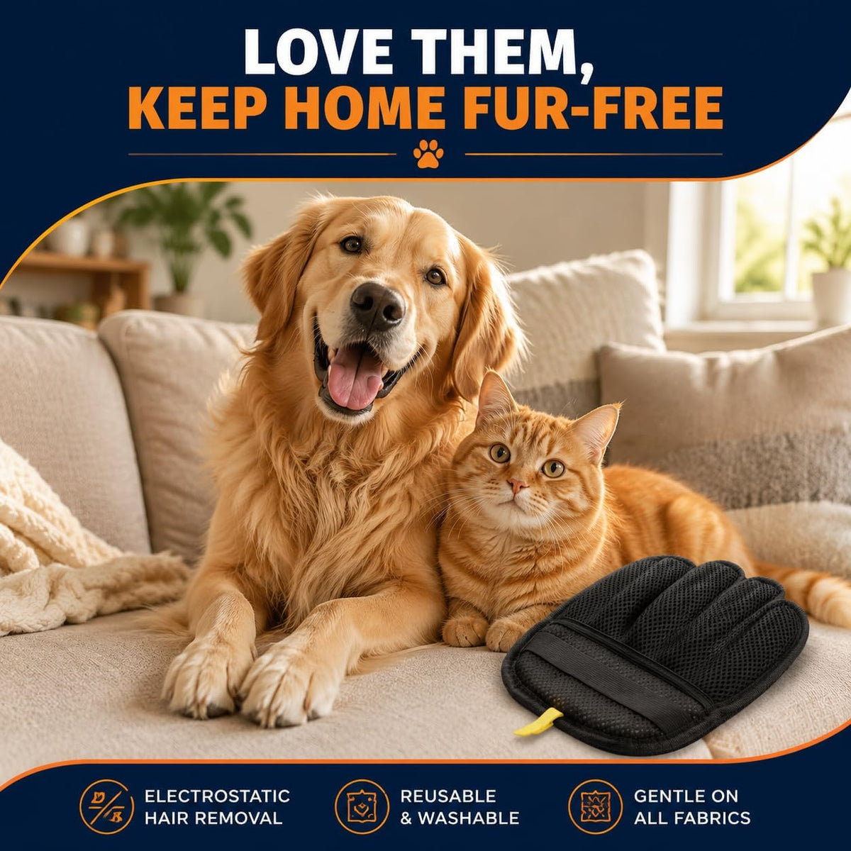Pet Hair Removal Glove for Dogs & Cats, Reusable Couch Carpet Car Fur Mitt