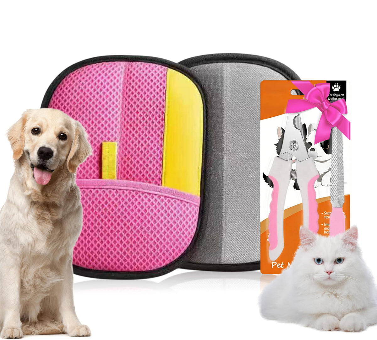Premium 3-in-1 Pet Grooming Kit - Electrostatic Pet Hair Removal Glove with Safety Nail Scissors & Dual-Ended Toothbrush Set - Gentle Deshedding Mitt for Dogs, Cats & Furniture - All-in-One Care Pack