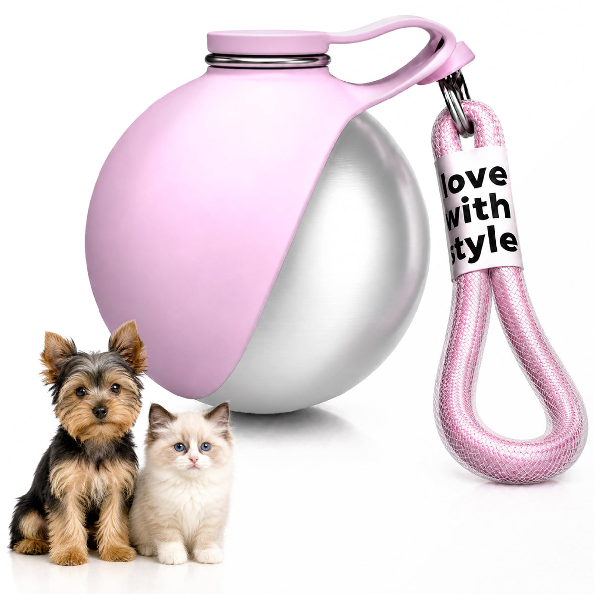 Portable Dog Water Bottle for Walking, 10oz Stainless Steel Pet Water Dispenser with Foldable Silicone Bowl, Leak-Proof Puppy Water Bottle for Small Dogs&Cats,Travel Hiking Outdoor Use(Blue Bow Print)