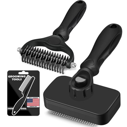Professional 3PCS Self Cleaning Slicker Brush & Pet Grooming Rake & Flea Comb for Dogs,Cats and Horses | Double-Sided Dematting Comb & Skin Friendly Deshedding Grooming Tool | Pet Supplies (Black)
