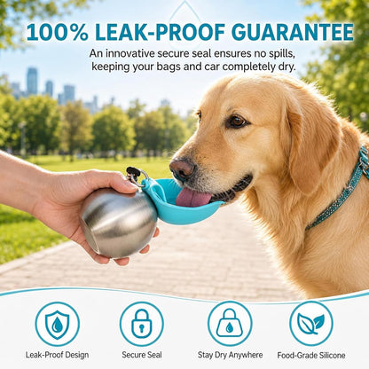 2 in 1 Portable Tumbler for Dogs, Portable Dog Water Ball, 10oz Stainless Steel Pet Water Dispenser with Silicone Foldable Bowl, Leak Proof, Portable Small Dog Water Bottle for Walking, Hiking(Blue)