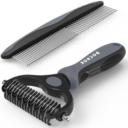 Docrok Pet Grooming Brush and Metal Comb Combo for Dogs & Cats, Pink
