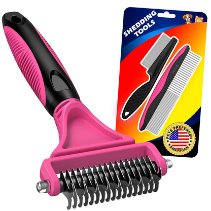 3PCS Pet Grooming Rake & Metal Comb & Flea Comb for Cats and Dogs, Double-Sided Dematting Tool, Extra-Wide Deshedding Dog Brush for Long Hair to Effectively Remove Tangles, Knots and Mats (Blue)