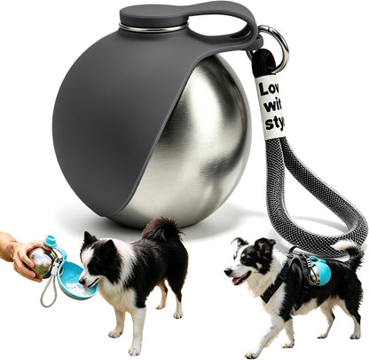 2 in 1 Portable Dog Water Bottle with Foldable Bowl 10oz Gray