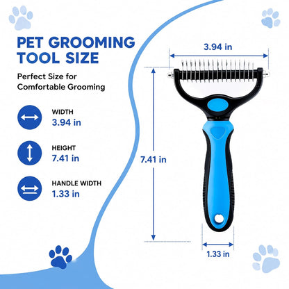 2-in-1 Double-Sided Pet Grooming Comb for Dogs & Cats - Deshedding Brush & Rounded-Tooth Dematting Tool | Painlessly Removes Knots, Tangles, Loose Undercoat & Fur in Thick/Long Coats (Blue-Large)