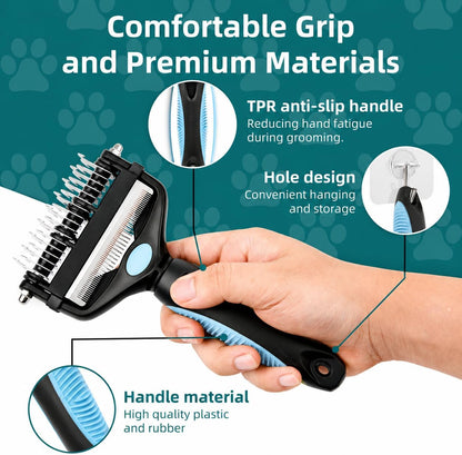 3-IN-1 Pet Grooming Tool - Undercoat Rake, Dematting Comb & Deshedding Brush for Cats, Dogs, Horses - Removes Mats, Tangles & Loose Fur, Reduces Shedding & Prevents Hair Mess (Blue)