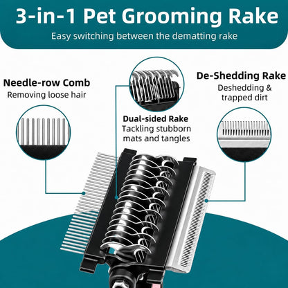 3-IN-1 Pet Grooming Tool - Undercoat Rake, Dematting Comb & Deshedding Brush for Cats, Dogs, Horses - Removes Mats, Tangles & Loose Fur, Reduces Shedding & Prevents Hair Mess (Blue)