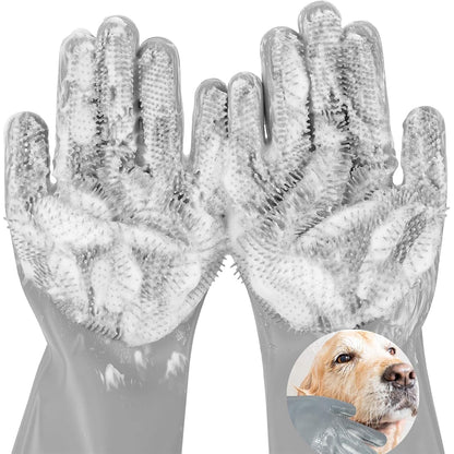 Pet Grooming Gloves, 5-Finger Silicone Dog Bath Scrubber with High-Density Teeth, Reusable Washing Massage Gloves for Dogs & Cats（Grey）