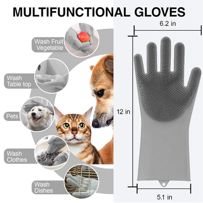 Pet Grooming Gloves, 5-Finger Silicone Dog Bath Scrubber with High-Density Teeth, Reusable Washing Massage Gloves for Dogs & Cats（Grey）