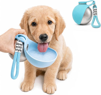 2 in 1 Portable Dog Water Bottle, 2026 New 10oz Spherical Stainless Steel Pet Bottle with Silicone Foldable Bowl,No-Spill Leak-Proof Design,Dog Water Bottle for Walking,Hiking & Travel & Camping-Pink