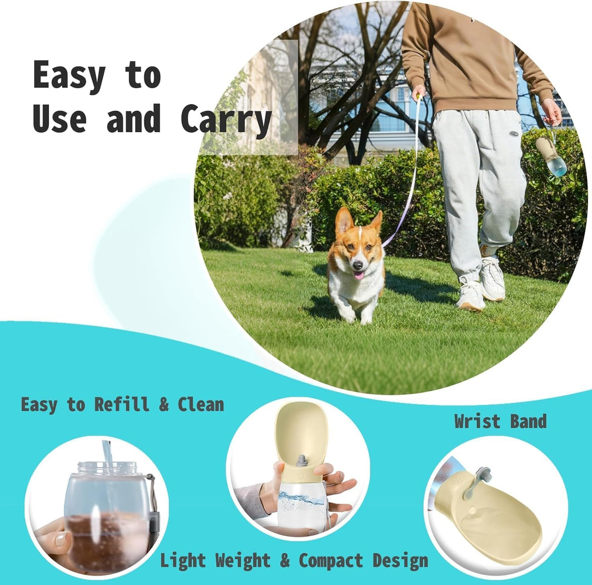 Portable Dog Water Bottle, 12 oz, Leak-Proof Travel Pet Dispenser, Teal,Puppy Water Dispenser with Drinking Feeder for Travel (Blue, Small)