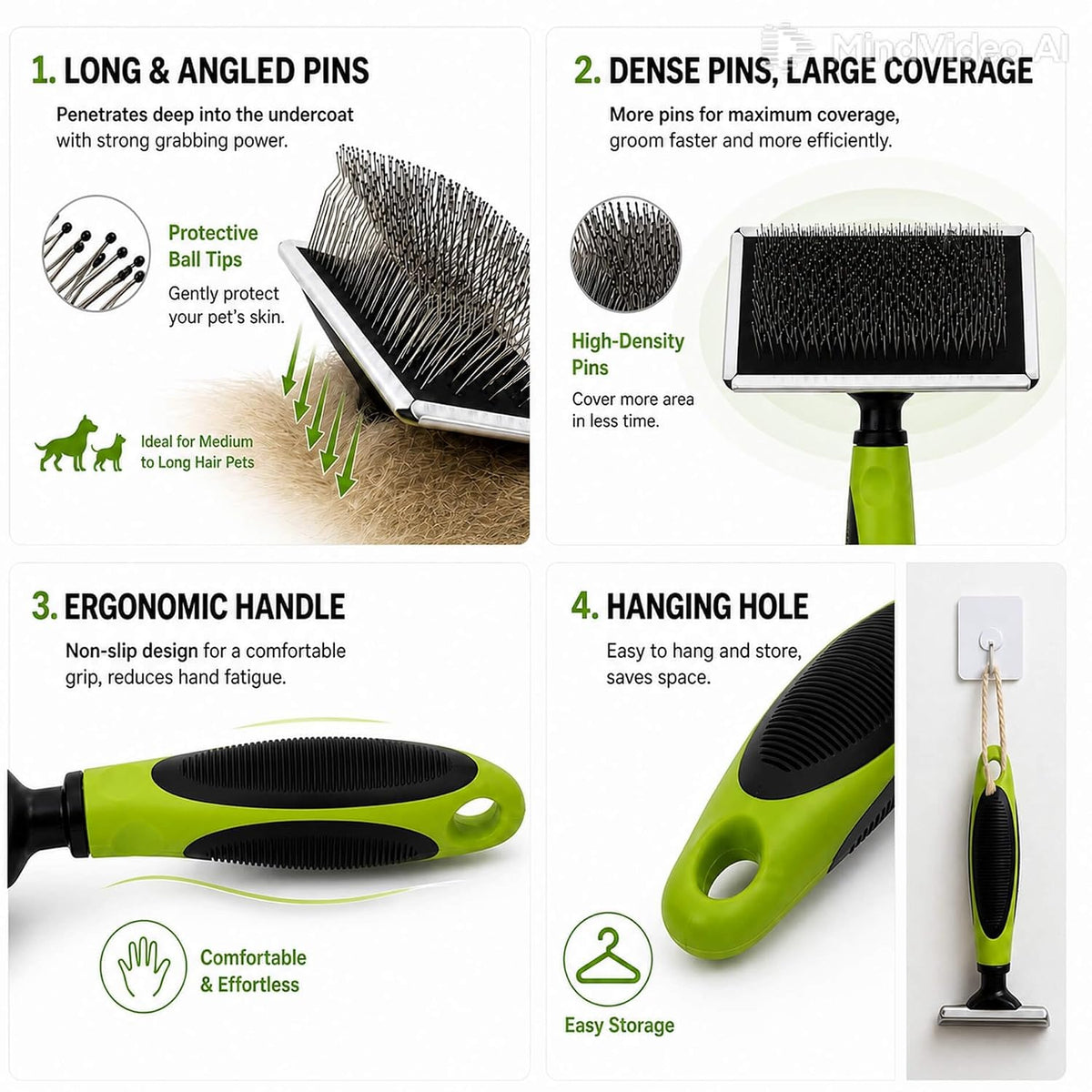 Slicker Brushes for Dogs & Cats, Pain‑Free Pet Grooming Brush with Angled Ball‑Tipped Pins, Removes Mats, Tangles & Loose Fur for Medium to Long‑Haired Pets