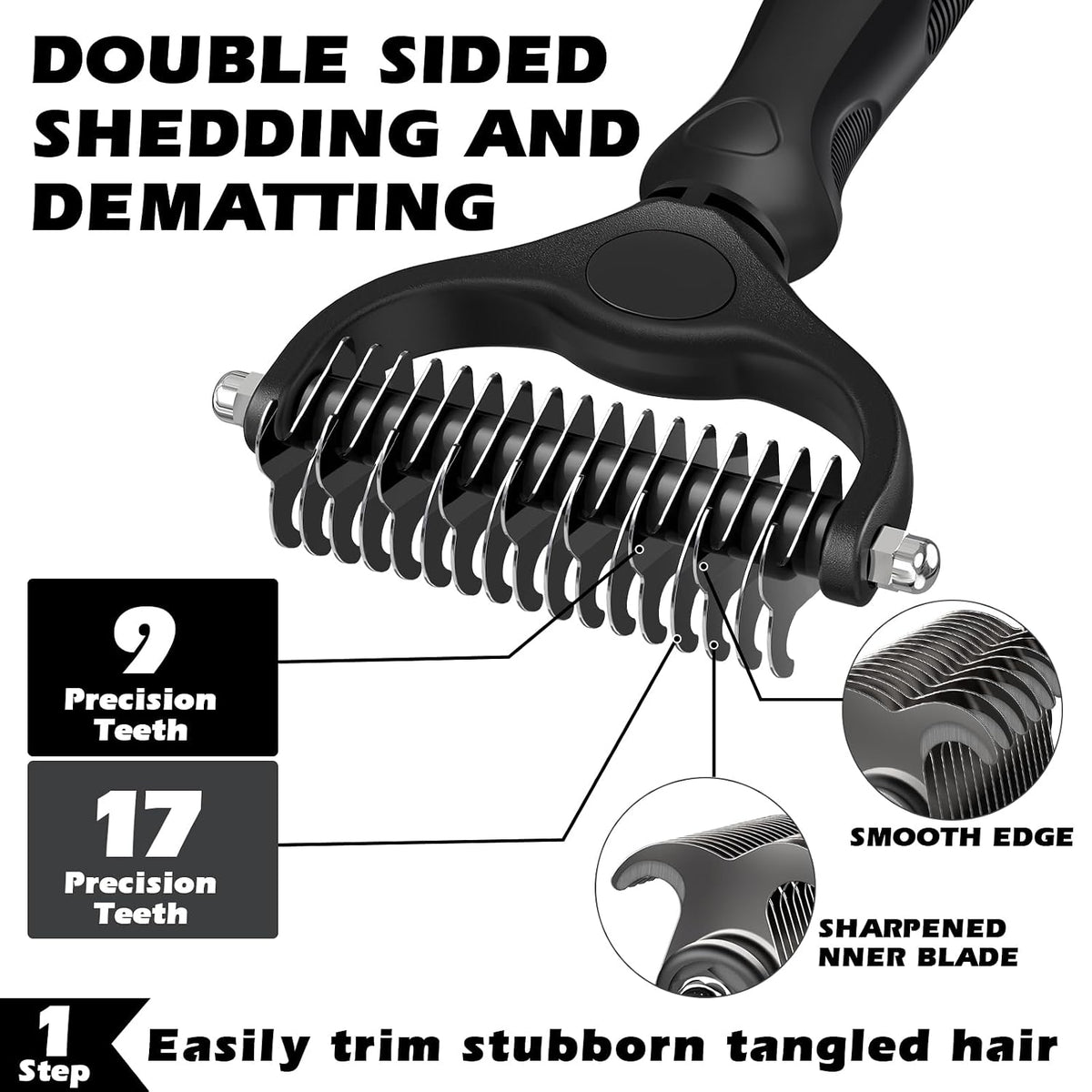 Professional 3PCS Self Cleaning Slicker Brush & Pet Grooming Rake & Flea Comb for Dogs,Cats and Horses | Double-Sided Dematting Comb & Skin Friendly Deshedding Grooming Tool | Pet Supplies (Black)