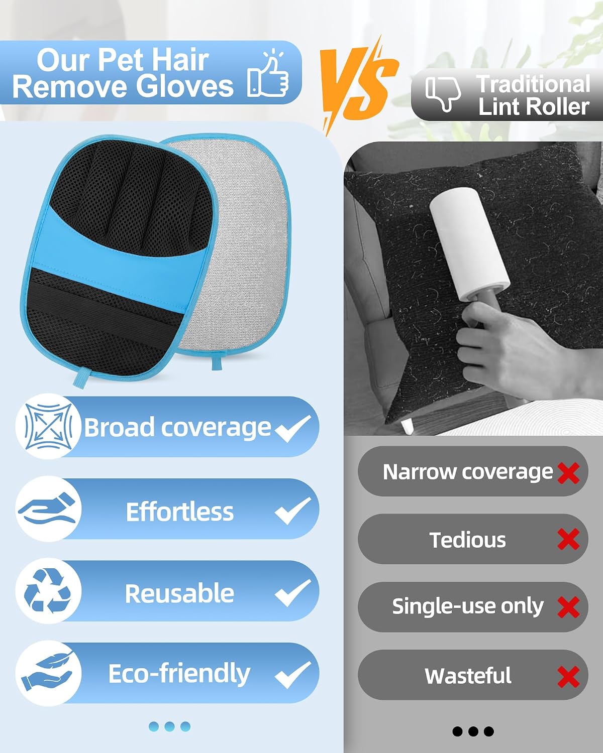2 Pack Pet Hair Removal Glove, Five-Finger Tool for Dogs and Cats