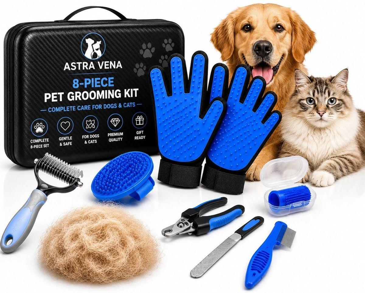 Premium 3-in-1 Pet Grooming Kit - Electrostatic Pet Hair Removal Glove with Safety Nail Scissors & Dual-Ended Toothbrush Set - Gentle Deshedding Mitt for Dogs, Cats & Furniture - All-in-One Care Pack