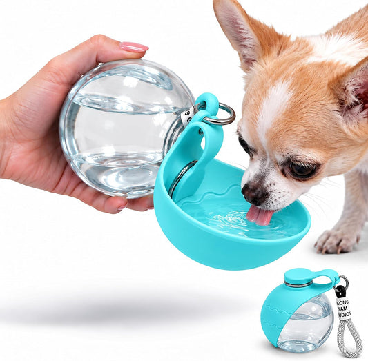 2-in-1 Portable Dog Water Bottle with Foldable Bowl, 10 oz, Plastic-Blue
