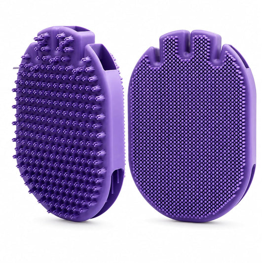 2-in-1 Silicone Pet Bath Brush for Dogs and Cats, Glove-Style Slip-On Grooming Scrubber, Dual-Sided Rubber Deshedding Brush for Bathing, Shampoo Lathering, Hair Removal and Massage, Purple