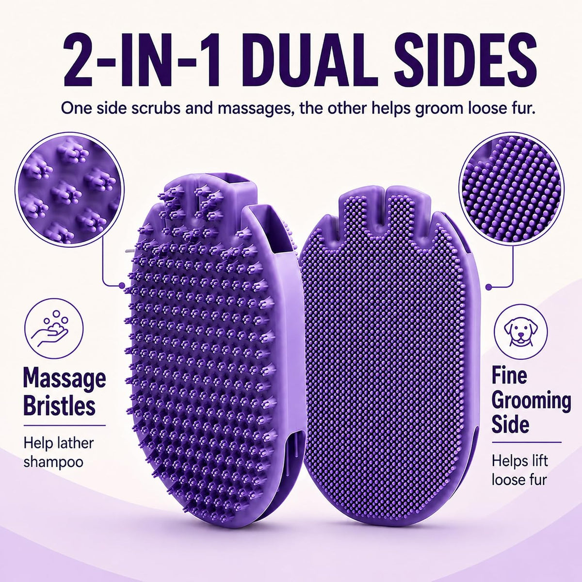 2-in-1 Silicone Pet Bath Brush for Dogs and Cats, Glove-Style Slip-On Grooming Scrubber, Dual-Sided Rubber Deshedding Brush for Bathing, Shampoo Lathering, Hair Removal and Massage, Purple
