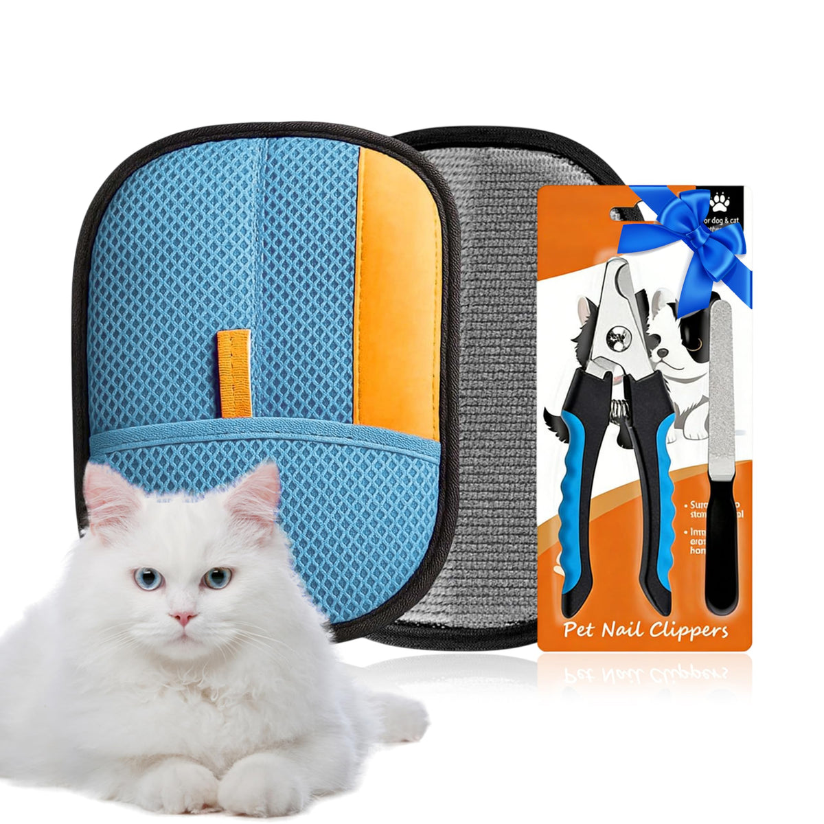 Premium 3-in-1 Pet Grooming Kit - Electrostatic Pet Hair Removal Glove with Safety Nail Scissors & Dual-Ended Toothbrush Set - Gentle Deshedding Mitt for Dogs, Cats & Furniture - All-in-One Care Pack