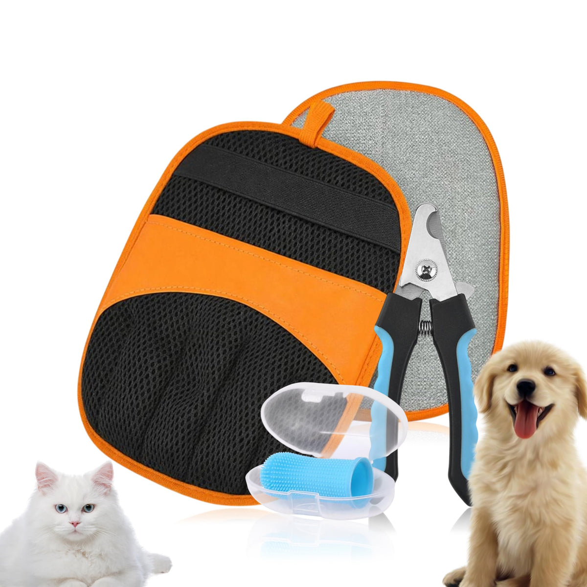Premium 3-in-1 Pet Grooming Kit - Electrostatic Pet Hair Removal Glove with Safety Nail Scissors & Dual-Ended Toothbrush Set - Gentle Deshedding Mitt for Dogs, Cats & Furniture - All-in-One Care Pack
