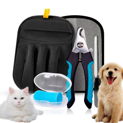 Premium 3-in-1 Pet Grooming Kit - Electrostatic Pet Hair Removal Glove with Safety Nail Scissors & Dual-Ended Toothbrush Set - Gentle Deshedding Mitt for Dogs, Cats & Furniture - All-in-One Care Pack