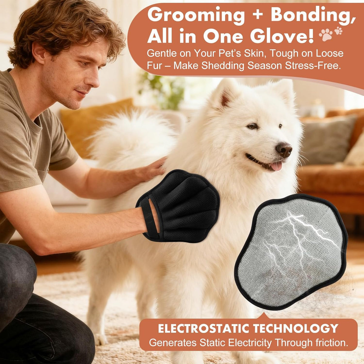 Pet Hair Removal Glove for Cat & Dog, Electrostatic Pet Hair Remover Tool for Furniture, Couch, Laundry, Carpet | Upgraded 5-Finger Washable, Quick Dog & Cat Fur Remover, Black+Black