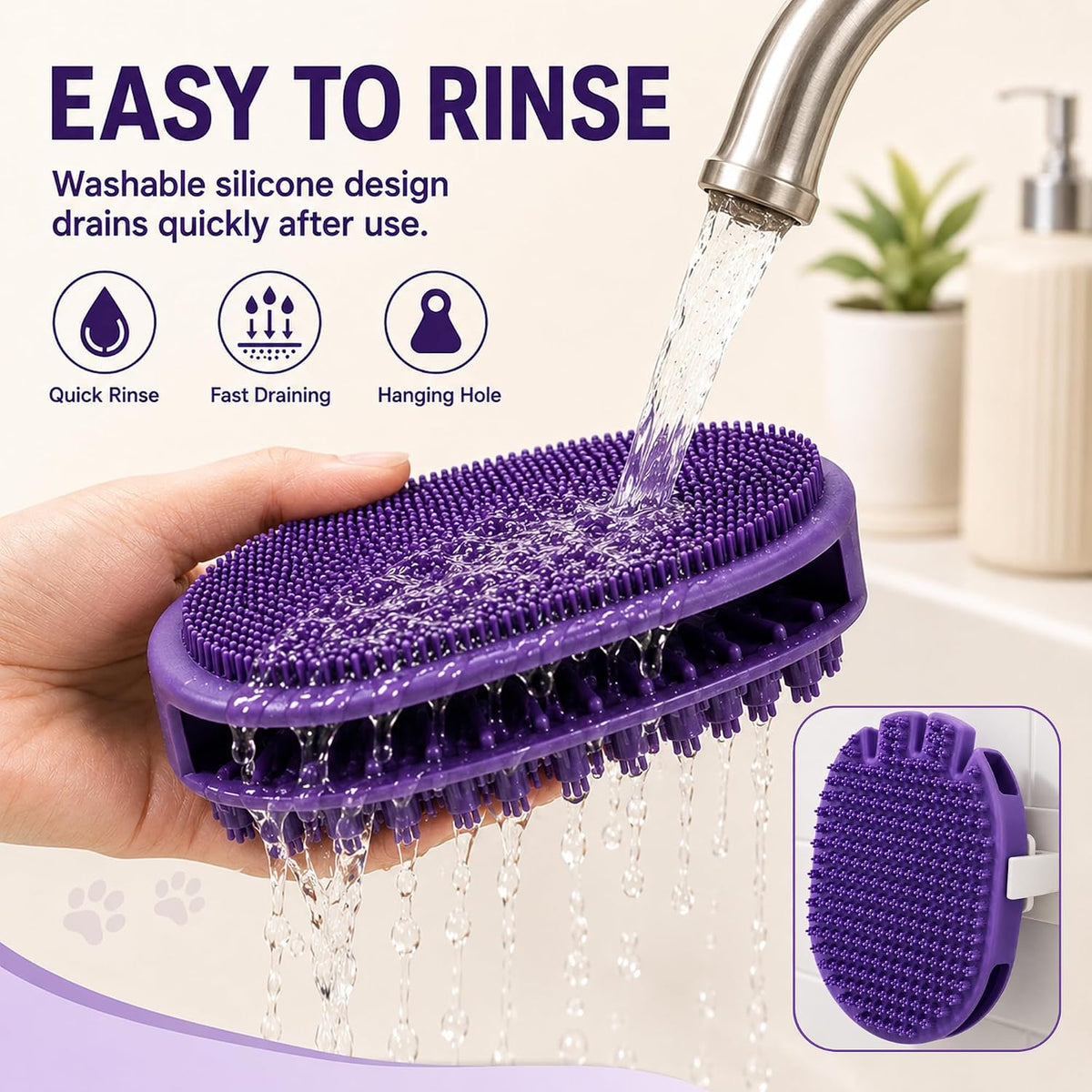 2-in-1 Silicone Pet Bath Brush for Dogs and Cats, Glove-Style Slip-On Grooming Scrubber, Dual-Sided Rubber Deshedding Brush for Bathing, Shampoo Lathering, Hair Removal and Massage, Purple