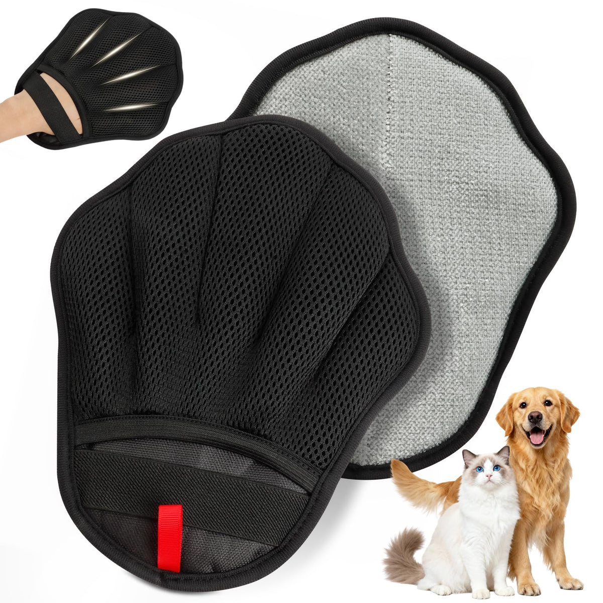 Pet Hair Removal Glove for Cat & Dog, Electrostatic Pet Hair Remover Tool for Furniture, Couch, Laundry, Carpet | Upgraded 5-Finger Washable, Quick Dog & Cat Fur Remover, Black+Black