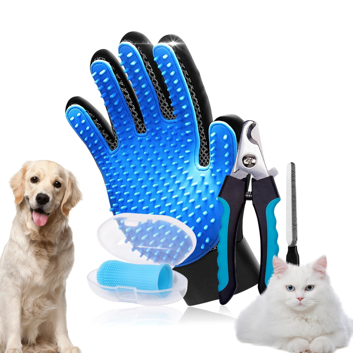 Premium 3-in-1 Pet Grooming Kit - Electrostatic Pet Hair Removal Glove with Safety Nail Scissors & Dual-Ended Toothbrush Set - Gentle Deshedding Mitt for Dogs, Cats & Furniture - All-in-One Care Pack