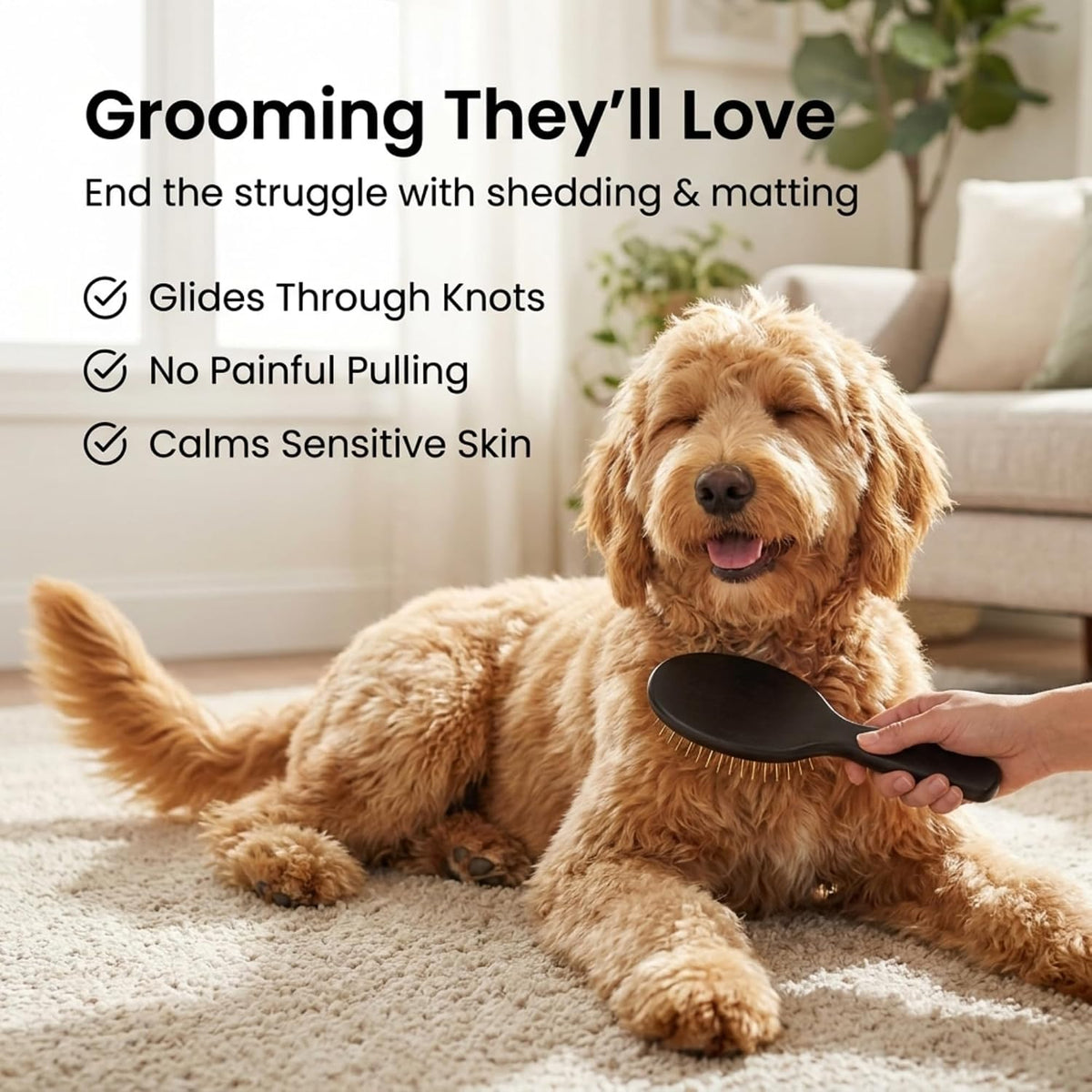 Pin Brush for Dogs, Removes Loose Fur, Lightweight Beech Wood, Silver