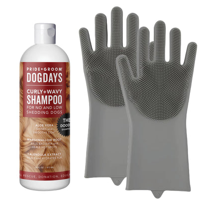 Pride and Groom DogDays De-Shedding The Scrub Kit - Natural Dog Shampoo with Silicone Scrubber Gloves for Detangling, Shedding Control, Coat Massage, Clean Ingredients, and Gentle Pet Grooming Care