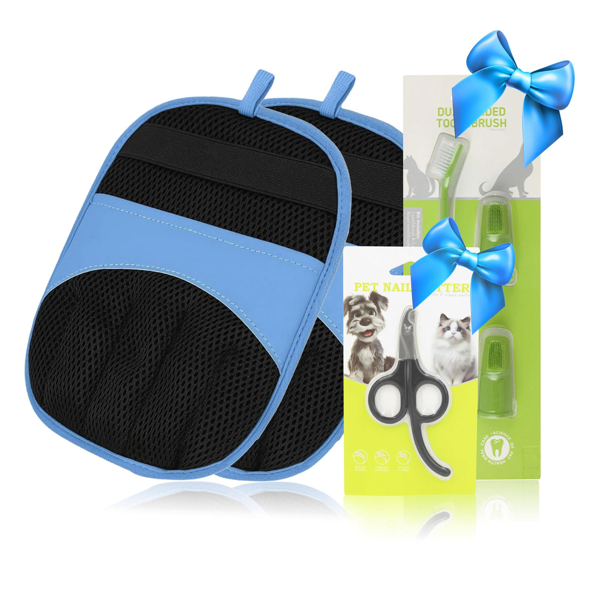Premium 3-in-1 Pet Grooming Kit - Electrostatic Pet Hair Removal Glove with Safety Nail Scissors & Dual-Ended Toothbrush Set - Gentle Deshedding Mitt for Dogs, Cats & Furniture - All-in-One Care Pack