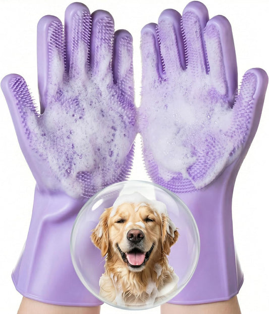 Silicone Pet Grooming Gloves Dog Washing Gloves for Bathing, 1 Pair Purple