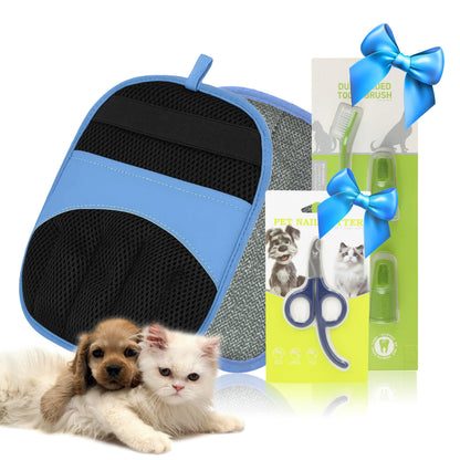 Premium 3-in-1 Pet Grooming Kit - Electrostatic Pet Hair Removal Glove with Safety Nail Scissors & Dual-Ended Toothbrush Set - Gentle Deshedding Mitt for Dogs, Cats & Furniture - All-in-One Care Pack