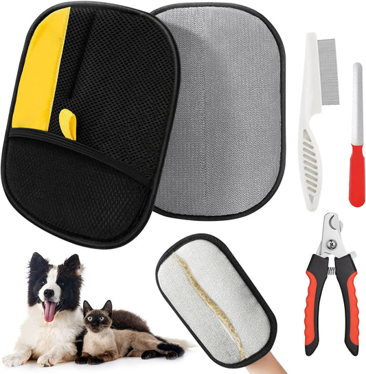 Pet Hair Removal Glove for Dogs & Cats – 4-in-1 Kit, Pet Grooming & Deshedding Glove, Electrostatic Pet Hair Remover Glove, Pet Hair Mitt Glove for Furniture, Couches & Clothing