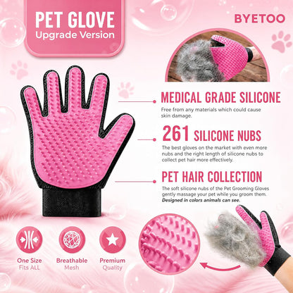 BYETOO Pet Dog Cat Grooming Glove with 261Tips,Gentle Deshedding Brush Glove,Efficient Pet Hair Remover Mitt,Massage Tool with Enhanced Five Finger Design,for Dog,Cat,Rabbit,Horse with Long/Short Fur