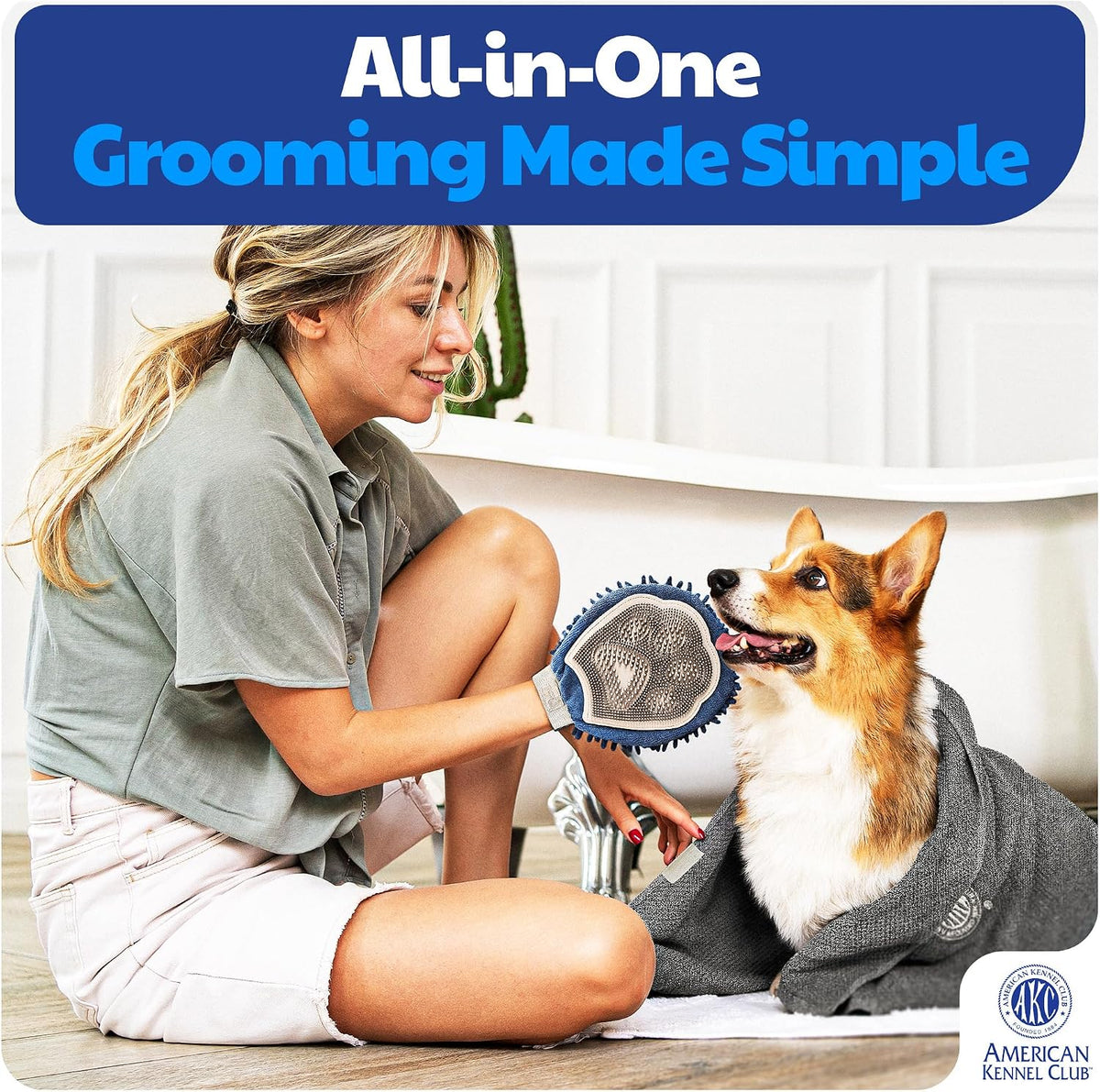 AKC 2-in-1 Dog Grooming Glove & Quick-Dry Towel, Silicone Bristles