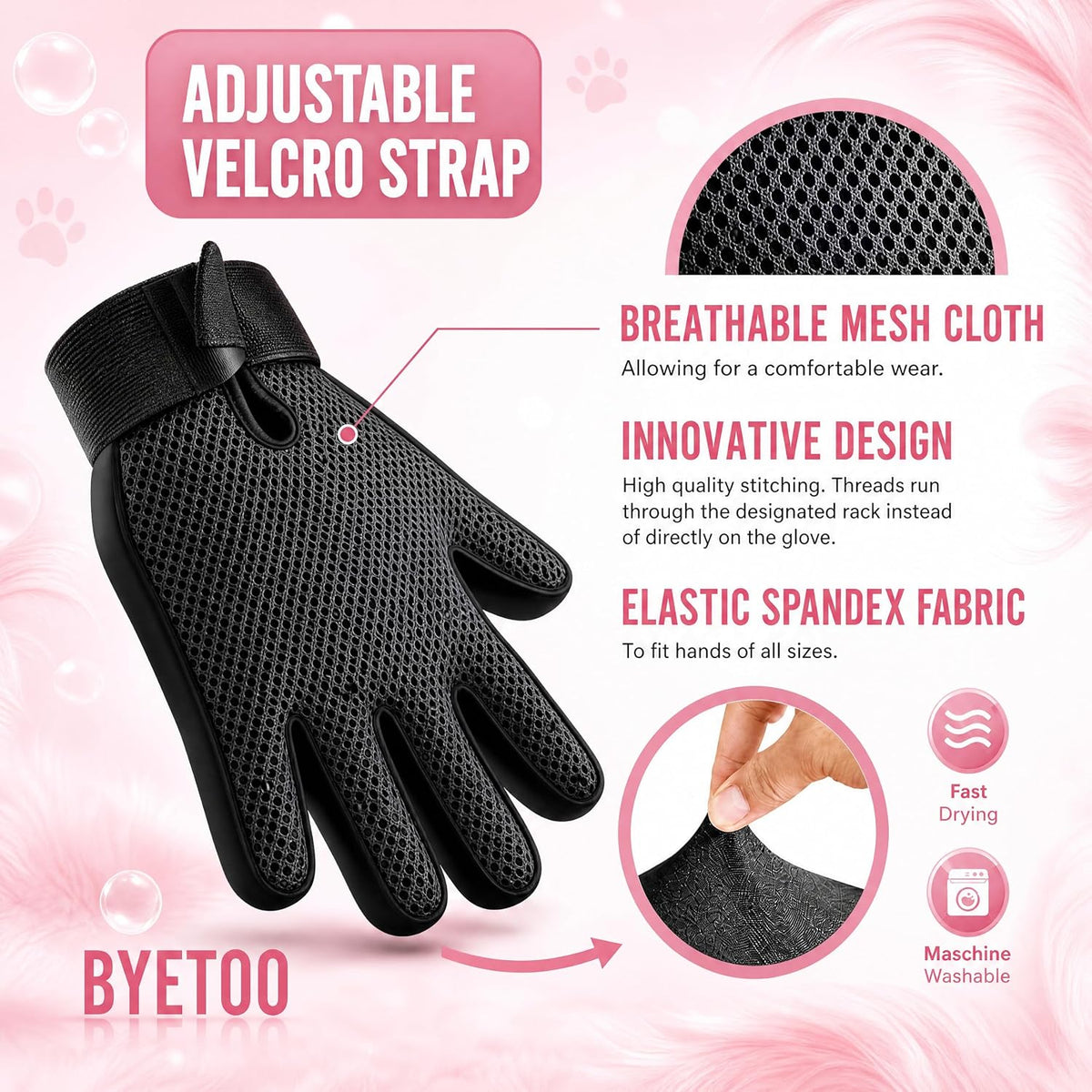 BYETOO Pet Dog Cat Grooming Glove with 261Tips,Gentle Deshedding Brush Glove,Efficient Pet Hair Remover Mitt,Massage Tool with Enhanced Five Finger Design,for Dog,Cat,Rabbit,Horse with Long/Short Fur