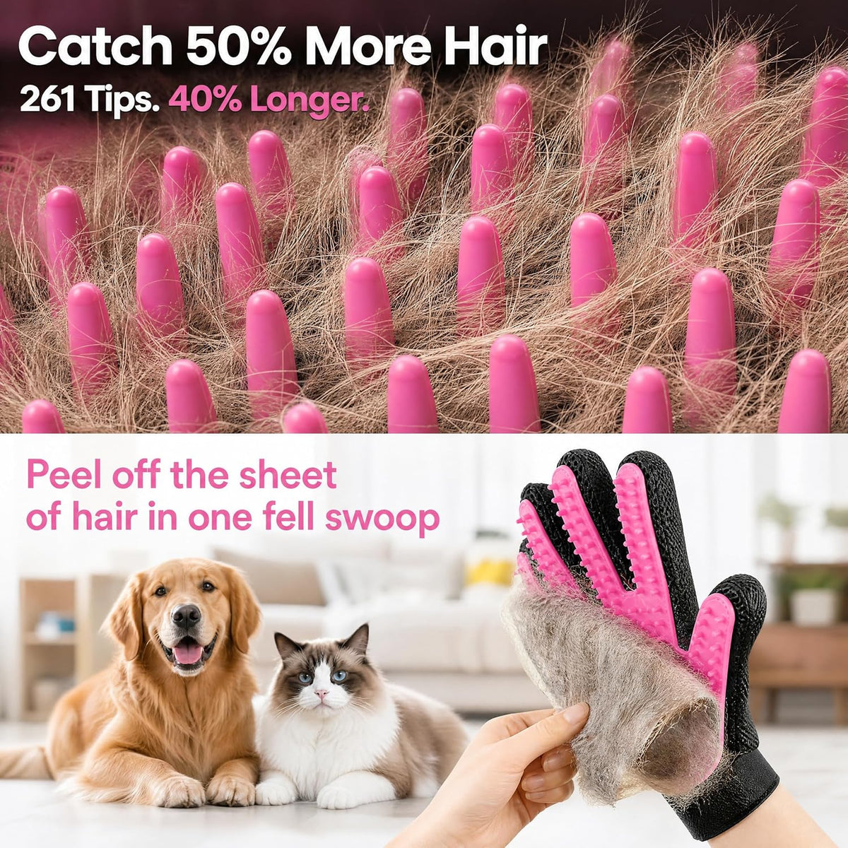 BYETOO Pet Dog Cat Grooming Glove with 261Tips,Gentle Deshedding Brush Glove,Efficient Pet Hair Remover Mitt,Massage Tool with Enhanced Five Finger Design,for Dog,Cat,Rabbit,Horse with Long/Short Fur