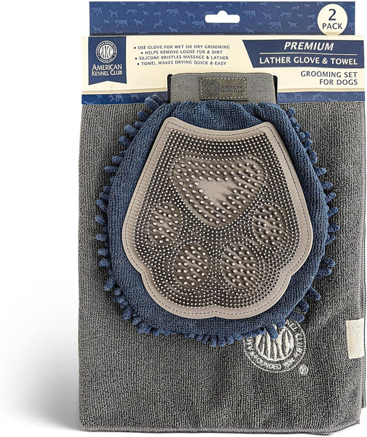 AKC 2-in-1 Dog Grooming Glove & Quick-Dry Towel, Silicone Bristles